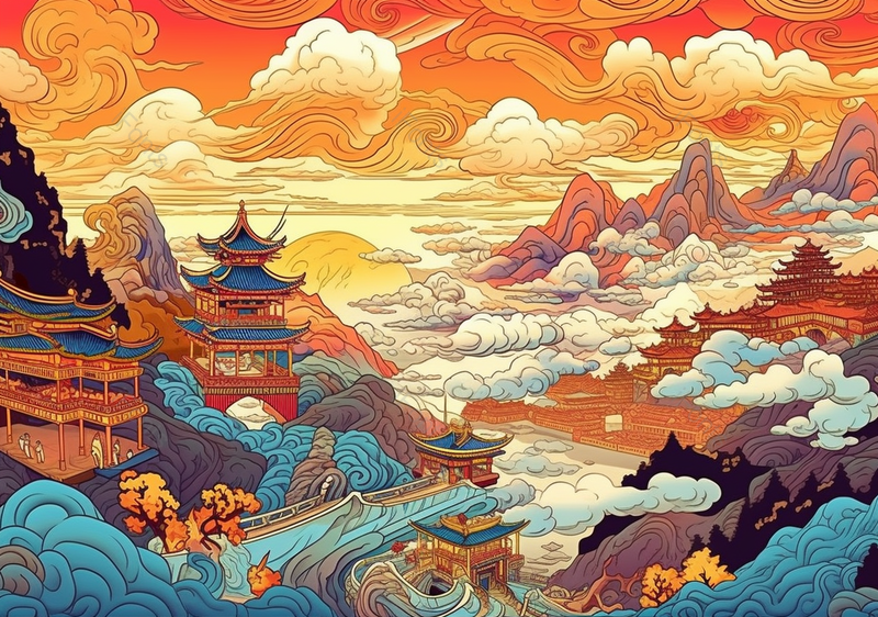 中国风宏伟宫殿天空祥云手绘插画,插画/手绘图,插画/手绘图库,插画/手绘图下载,插画/手绘